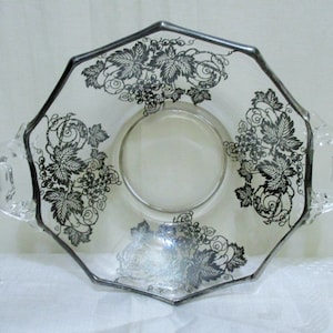 Vintage Silver Overlay Decagon Candy/Bonbon Dish, Applied Handles, Grape Cluster & Leaf Pattern, Clear Glass, 1 Piece