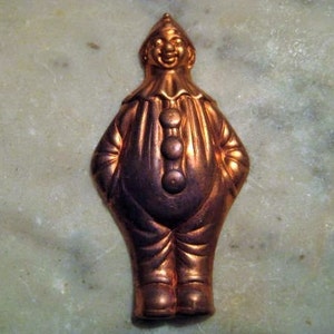 Vintage French  Full Body Standing Clown, 1950's Raw Unplated Brass Stamping, Carnival/Circus/Carnaval, Embellishment, 60mm by 30mm, 1 pc