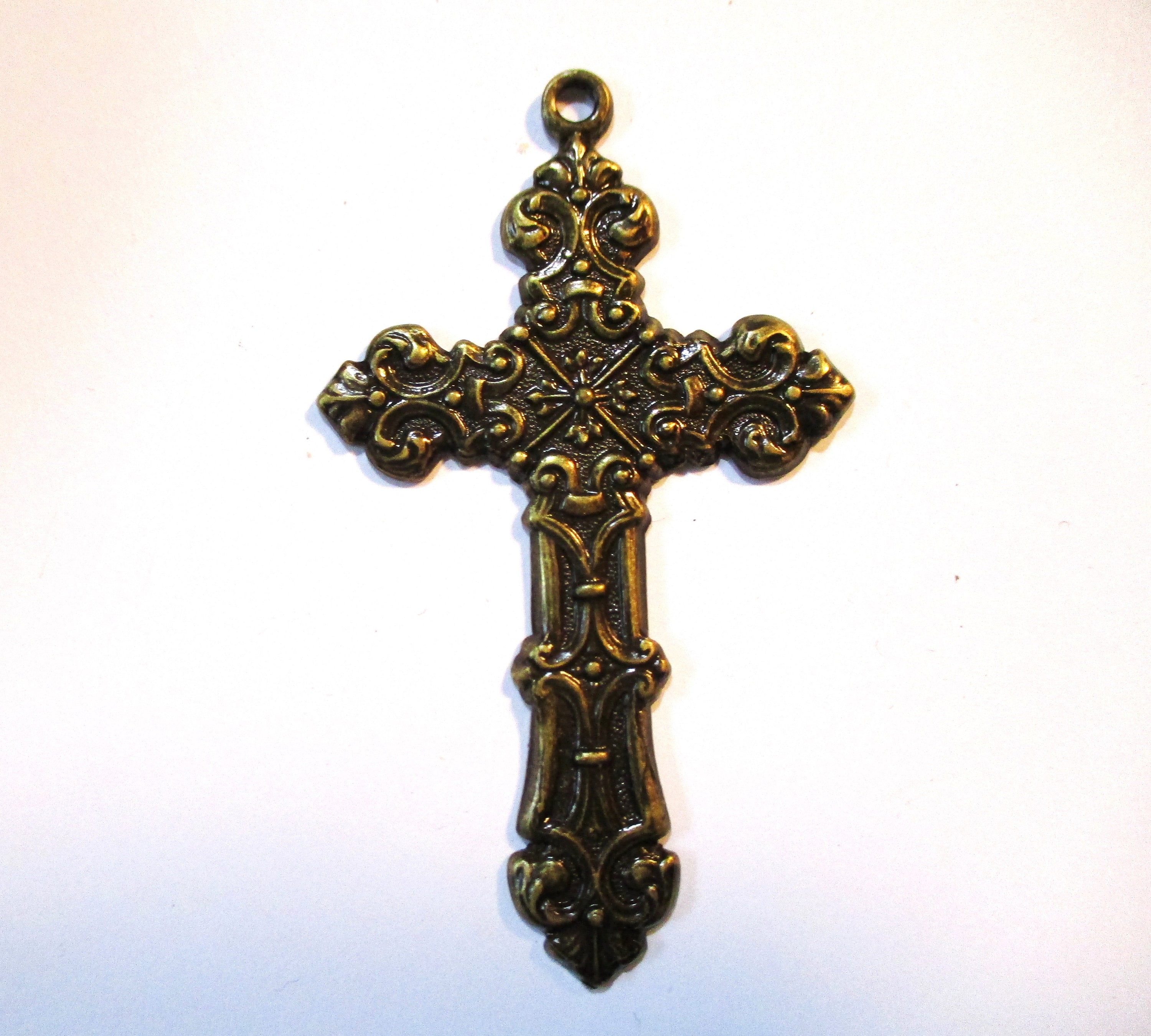 Collier Croix Vintage En Laiton Cuivré Avec Cabochon En Verre Violet - Chaine Laiton Vieilli, Occasion