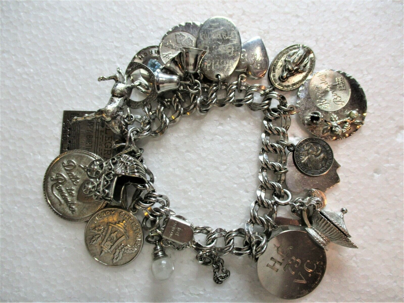 Sterling Silver Charm Bracelet with 12 Charms, Safety Clasp, Mid Century, 1960's Vintage, Fun to Wear, Instant History, Excellent Condition