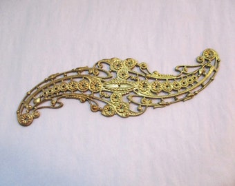 Stupendous Vintage Flat Floral Filigree Stamping, Raw Unplated Stamped Brass Jewelry Component/Finding, 3 1/2 Inches by 1 1/8 Inches, 1 Pc.
