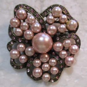 Vintage Faux Pearl Flower Shaped Brooch with Rhinestones, 1950s Antiqued Brass, 2&quot; by 1 3/4 &quot;, 1 Brooch Pin