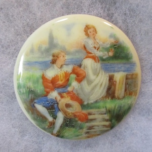 Vintage Limoges #45 Lovers de style victorien photo pierre/Cabochon, verre blanc avec motif de transfert, composant de bijoux, rond 46 mm, 1 pc. (2)