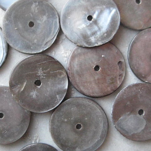Vintage Sequins or Buttons, 1950s Mother of Pearl Shell Disks, Silver Gray, Round with Single Center Hole, 3/4" (approx. 19mm), 14 pcs.