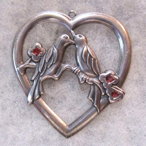 Vintage 1970s Love Birds Openwork Heart Pendant, Silver Plated Stamped Brass Jewelry Component, 50x46mm, 1 pc.
