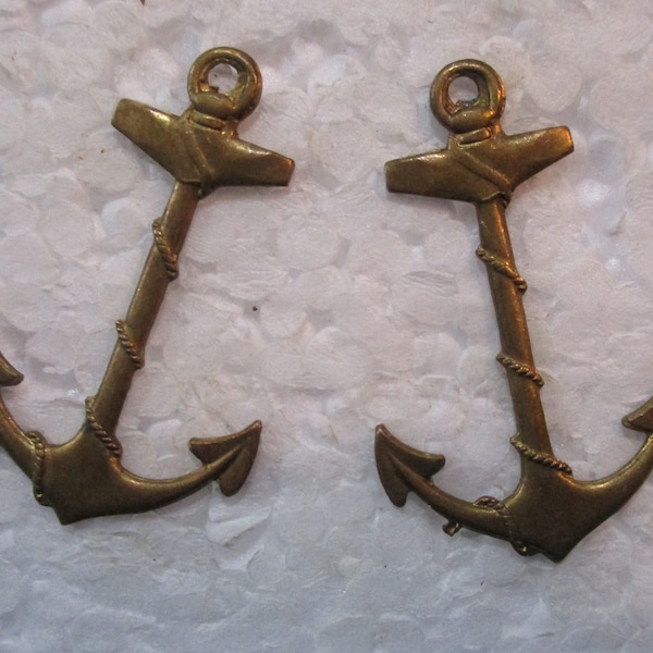 Vintage Die Struck Brass Boat Anchor/Nautical Jewelry Components/Findings/Charms/Earring Drops, 40mm by 25mm, 5mm Loop, 1 Pair