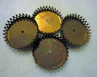 Vintage Brass Crown Settings 35mm Size, Round Crown Bezels, Stamped Patina Brass Frame Findings, Jewelry Component, 2mm Center Hole, 4 Pcs.