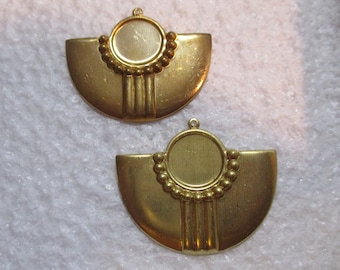 Vintage Art Deco Stamped Brass Jewelry/Earring Components, 12mm Round Setting Space,  39mm by 32mm, 2mm Top Loop, Old Studio Stock, 1 pair