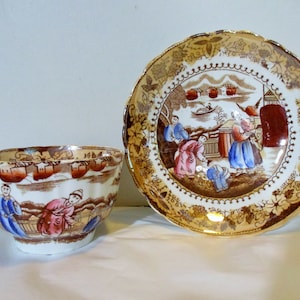 Vintage Chinoiserie/Kinesisk Scenic Toile tekopp och fat, C. A. & Son's, England, Kopparglans/Transferware porslin, 1 set