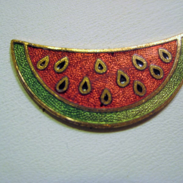 2  Vintage Watermelon Slices, Enamel Over Die Struck Brass Jewelry Components, Decorations, Trim, Scrapbooking, 25x10mm (1x3/8"), 1 Pair