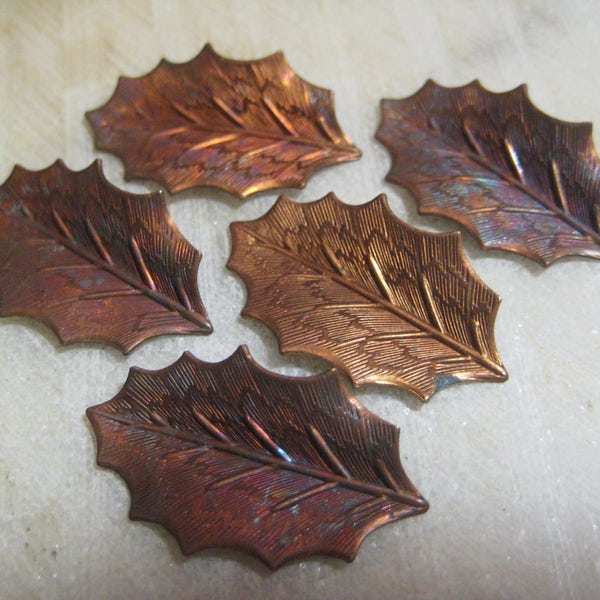 Vintage 1960s Holly Leaves, Detailed Leaf Design, Medium Wt. Raw Brass Stampings Jewelry Pendant Findings, Drops, Charms, 30x16mm 5 pcs.