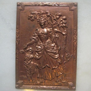 Antique French Art Nouveau Shepherdess Plaque, Vintage Boucher Style Woman&#39;s Portrait, Heavy Stamped Brass, Miniature Art, 68x47mm, 1 pc.