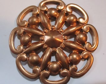 Vintage Copper Plated Stamped Metal/Steel Medallion, Jewelry Component/Furniture Trim/Embellishment/Decoration, 3 1/4 Inch, 1 Piece