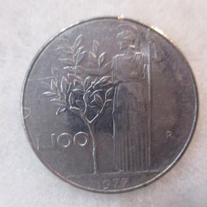 Italy, 1977 Vintage Repubblica Italiana, 100 Lire Coin, Standing Minerva and Olive Tree, Mint Mark R