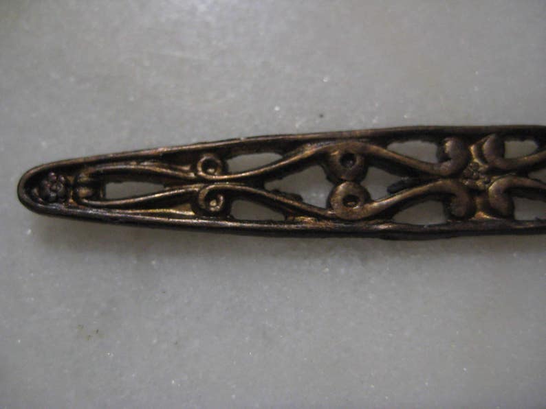 Antique Bar Pin Finding 1 pc. 62 x 8mm Detailed Open Work Filigree Bar Brooch Top Die Struck Raw Unplated Brass Vintage Jewelry Finding