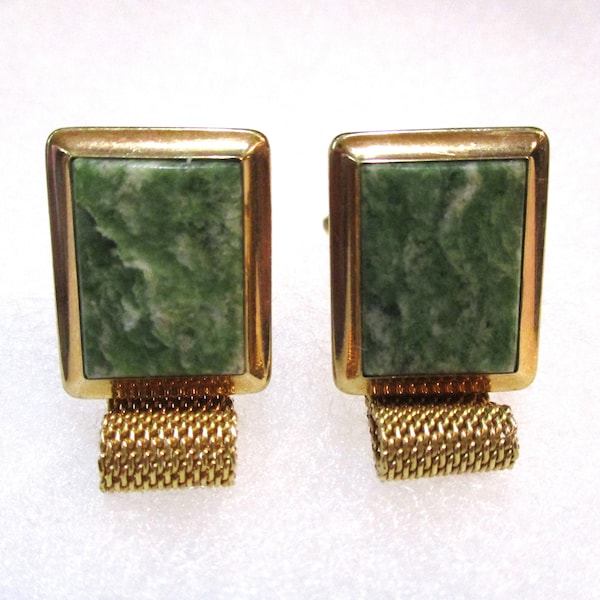 Vintage Dolan & Bullock "D.B." 1/20 14KT. Gold Filled Mesh Wrap with Jade Cuff Links, Mid-Century, Men's Jewelry, Gift Item, 1 Pair