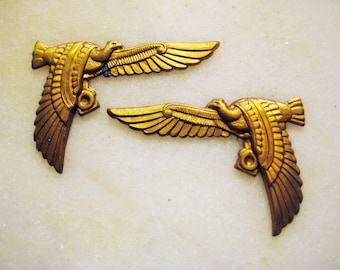 Vintage Falcon Stampings, 1950s Egyptian Revival Mythological God Horus, Raw Unplated Stamped Brass Jewelry Findings 39x28mm Left/Right Pair