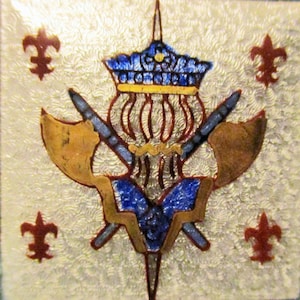 Vintage francés Guilloche esmalte trabajo en metal, cabujón cuadrado, escudo francés medieval de armas & Fleur-de-lis, 37 mm x 37 mm, stock antiguo, 1 pc.