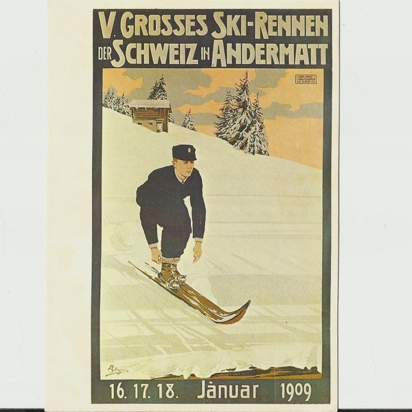 Postcard, Pelligrini 1909 Swiss Skiing Holiday Poster Ski  Jumping