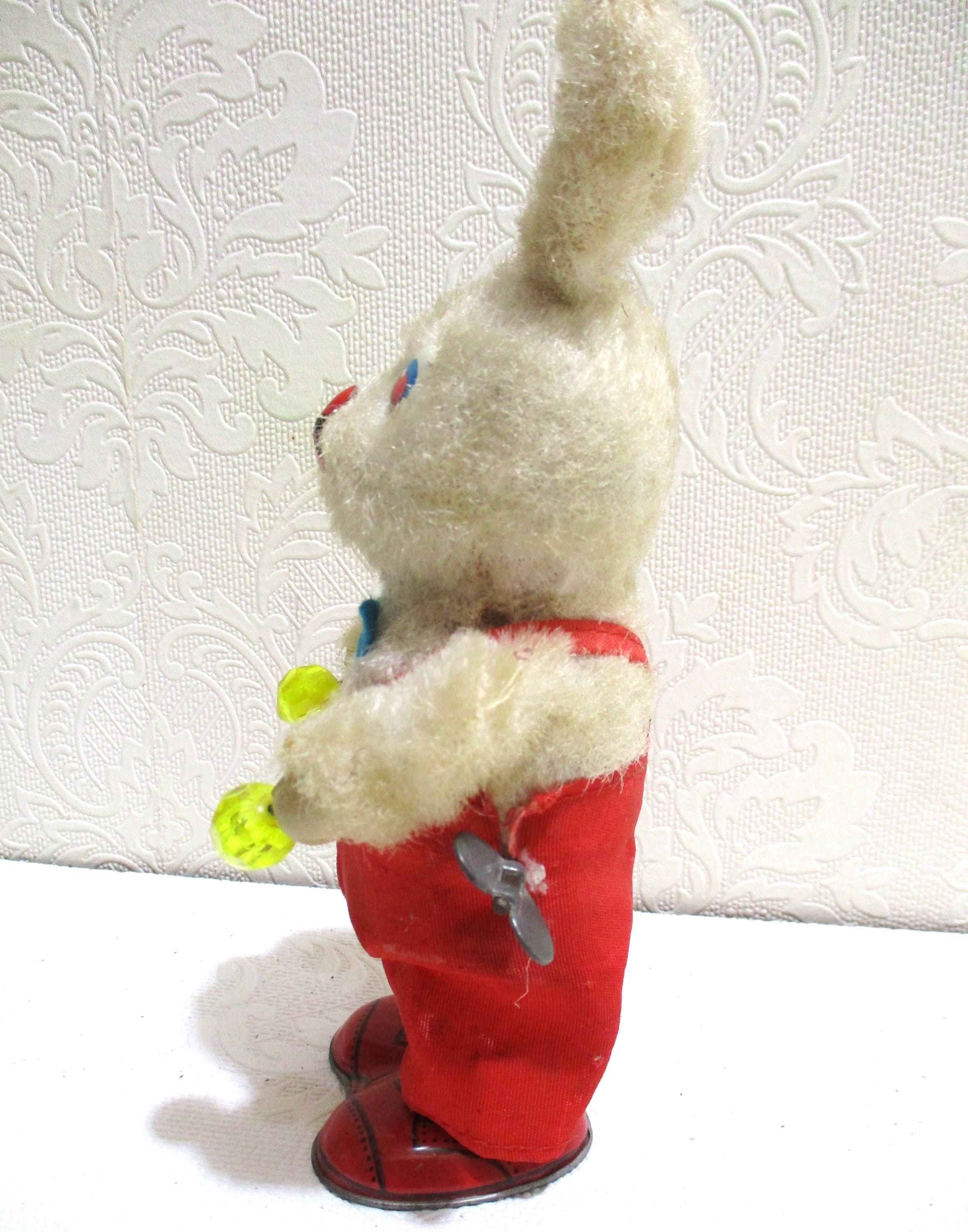 Vintage Japan Tin & Plush Wind up Rabbit Toy With Maracas, 7