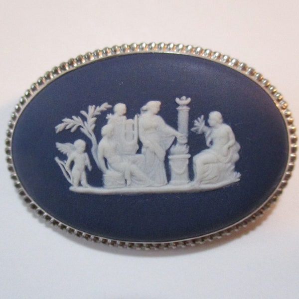 Vintage Wedgwood Jasperware Greek Mythological Oval Scenic Cameo Brooch Pin, 925 Silver Frame, 41mm x 29mm, 1 Pc (CRMI)