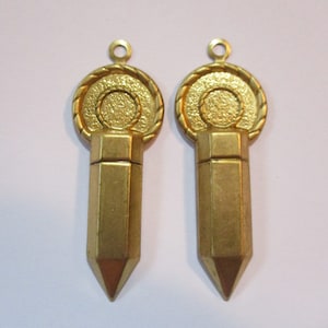 Vintage Art Deco Style Earring Drops/Jewelry Components, Unique Design Stamped Brass, 61.5mm x 22mm, 4mm Top Loop, 1 Pair