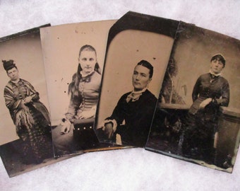 4 Original Antique Circa 1870 American Victorian Tintype Photographs, Ladies Posing To Be Photographed In Period Clothing, 4 Piece Lot