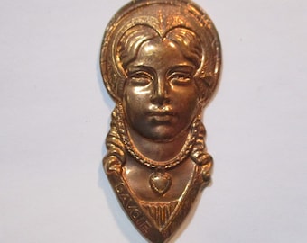 Traditional French Nostalgia "Savoie" Lady in Folk Costume, Vintage Brass Stamping, Jewelry Finding, Pin Topper, 55x27mm, 1 Pc