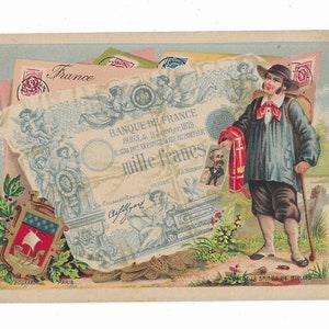 Antique Circa 1890 Victorian French Trade Card Currency Series, "Francia", por J. Bognard, París. Hombre con bastón (CRMI)