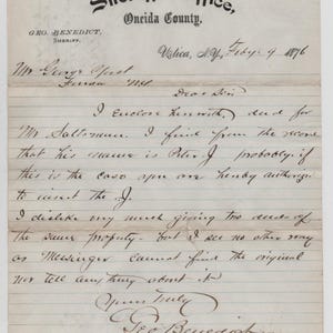 Origineel authentiek antiek 9 februari 1876, Sheriff's Office, Oneida County, Utica, N.Y. Originele handgeschreven brief/document. (CRMI)