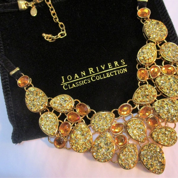 Unused Vintage Joan Rivers Rich Golden Crystal With Simulated Drusy Bib 18 Inch Necklace, Original Box and Velvet Bag, Classic Collection