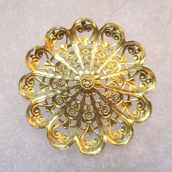 Vintage Lacy Filigree Flower, Ornately Detailed Stamping, Quality Dapt Bright Brass Jewelry Component/Finding, 41mm Round, 1 pc.