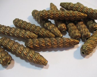 Vintage Patina Brass  Swirl/Ribbed Elongated Bead/Jewelry Component/Beading Supply, 38mm by 8mm, 1.5mm Hole, 1 Bead