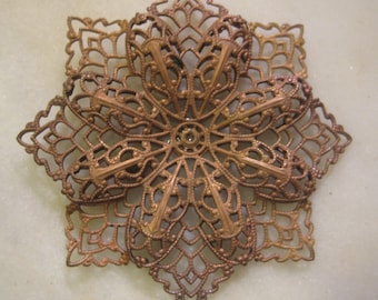 Vintage Layered Filigree: Guyot Ornate Double Flower Stamping, Dapt Brass Jewelry Finding, Unused Old Stock, 2 7/8" or 71mm, 1 pc.