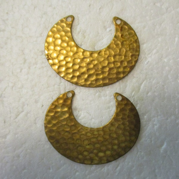 Vintage Stamped Hammered Raw Brass Crescent Shaped Jewelry Components/Centerpieces/Focal/Earring Drops, 45mm by 35mm, Two 2mm Holes, 1 Pair