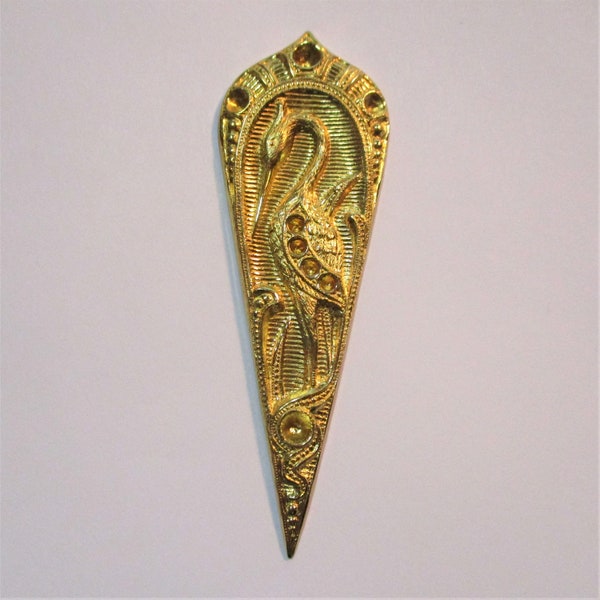 Vintage East Lake Victorian Style Crane/Heron/Egret/Stork Bird Teardrop Shaped Brass Stamping/Jewelry Component, 79mm by 26mm, 1 pc.