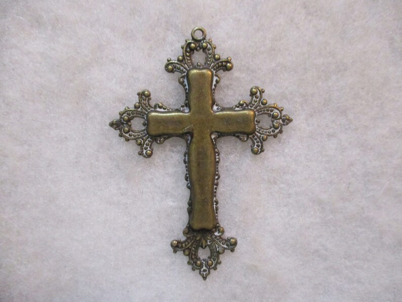 Vintage Antiqued Patina Brass 77mm by 56mm Cross Pendant/Jewelry Component, 1 Piece image 1