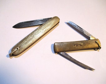 2 Vintage Art Deco Gold gefüllte Taschenmesser-Uhrenanhänger, klappbare Taschenmesser mit zwei Klingen, Herren-Vintage-Schmuck (CRMI)