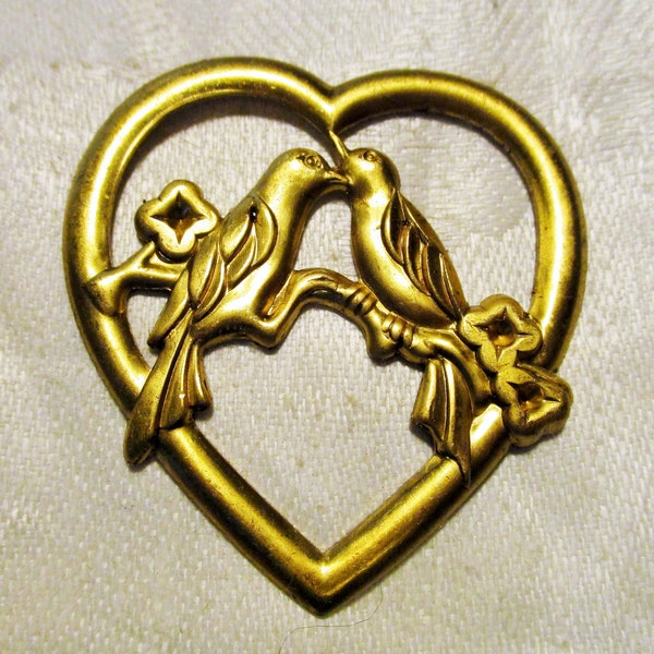 Vintage Heart Stamping, 1970s Love Birds Openwork Pendant, Raw Stamped Brass Jewelry Finding, Scrapbooking, Embellishment, 50x46mm, 1 pc.