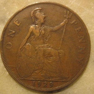 1929 United Kingdom Bronze Coin, One Penny , George V