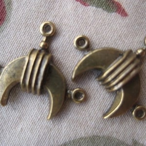 Vintage Brass Crescents: Moon Shape Stampings, 3 Loop Earring Drops, Links or Bails, 2 to 1 Connectors, Jewelry Findings, 17x16mm, 2 pcs.