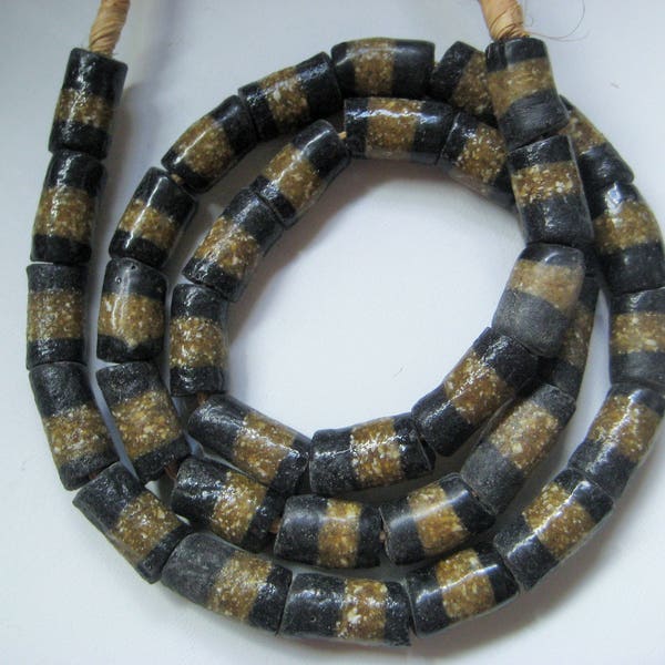 Krobo Beads, Navy Blue, Gray, Brown African Powder Glass, Large Hole, Jewelry Supply, Handmade in Ghana, 15x9mm, 37 pcs., 24" Strand