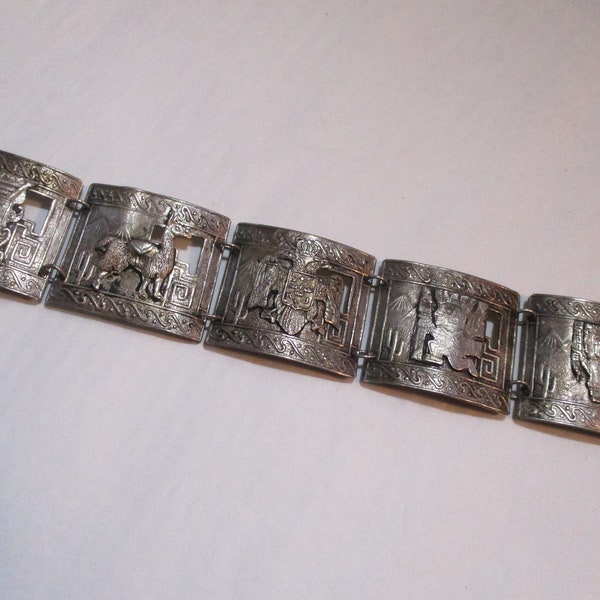 Vintage Peruvian 925 Sterling Silver Llama Panel Bracelet, Signed, 7 Inch, 1 1/4 Inch Wide (MOS)