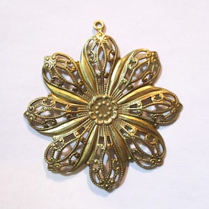 Brass Flower Filigree Drop: Guyot Dapt 8 Petal Floral Stamping, Raw Unplated Jewelry Component/Finding/Pendant, 2mm Top Loop, 46mm, 1 pc.