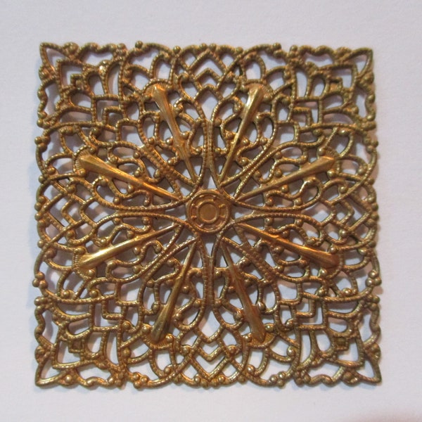 Vintage Flat Square Lacey Floral Filigree, Ornate Patina Brass Stamping, Jewelry Finding/Component 1 5/8" by 1 5/8",  1 Piece