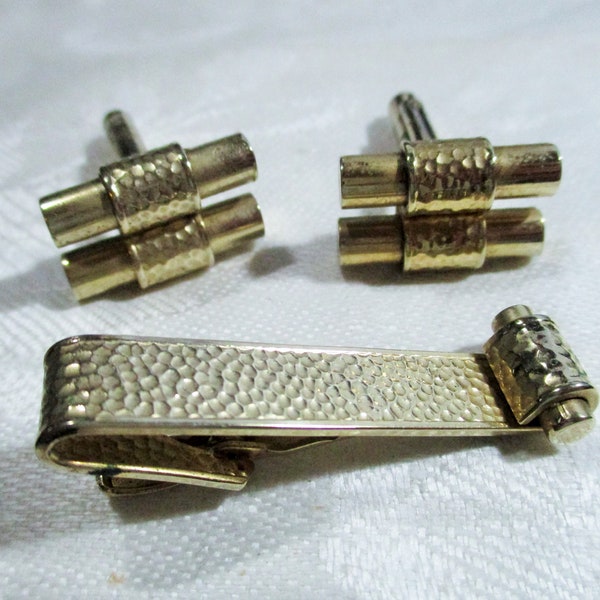 Vintage "Speidel" Cuff Links & Tie Bar, 1950's Mid-Century, Chunky Look,  Gold Tone Brass Men's Jewelry, 3 Piece Set, Original Box