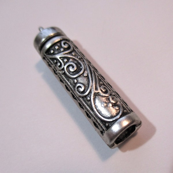 Antiqued Silver Plate Scrolled Cylinder Focal/Drop/Pendant, 4mm Top Loop, 33mm Long, 8mm Wide, 1 Piece