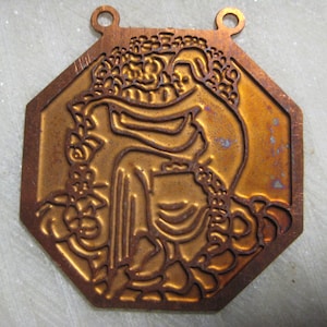 Vintage French Art Nouveau Woman Pendant, 1940s Raw Die Struck Brass Octagonal Champlevé Enamel or Resin Base Jewelry Finding, 44mm, 1 pc.