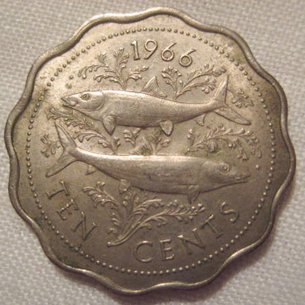 The Bahamas, 1966, Ten Cent Coin, Bone Fish in Sea Greens - Elizabeth II 2nd portrait