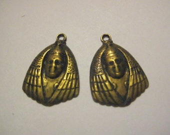 Vintage Brass Egyptian Revival Goddess or Sarcophagus Head Stampings, Charms, Drops or Pendant Jewelry Findings, 20mm, 2 pcs. (1 pair)